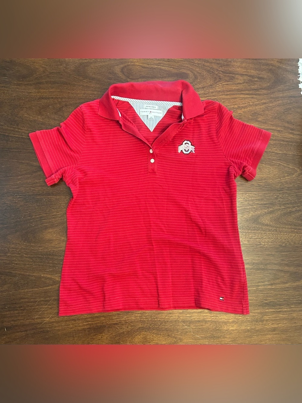 Tommy Hilfiger Red Striped Polo with OSU Embroidered Patch- cropped/boxy fit
